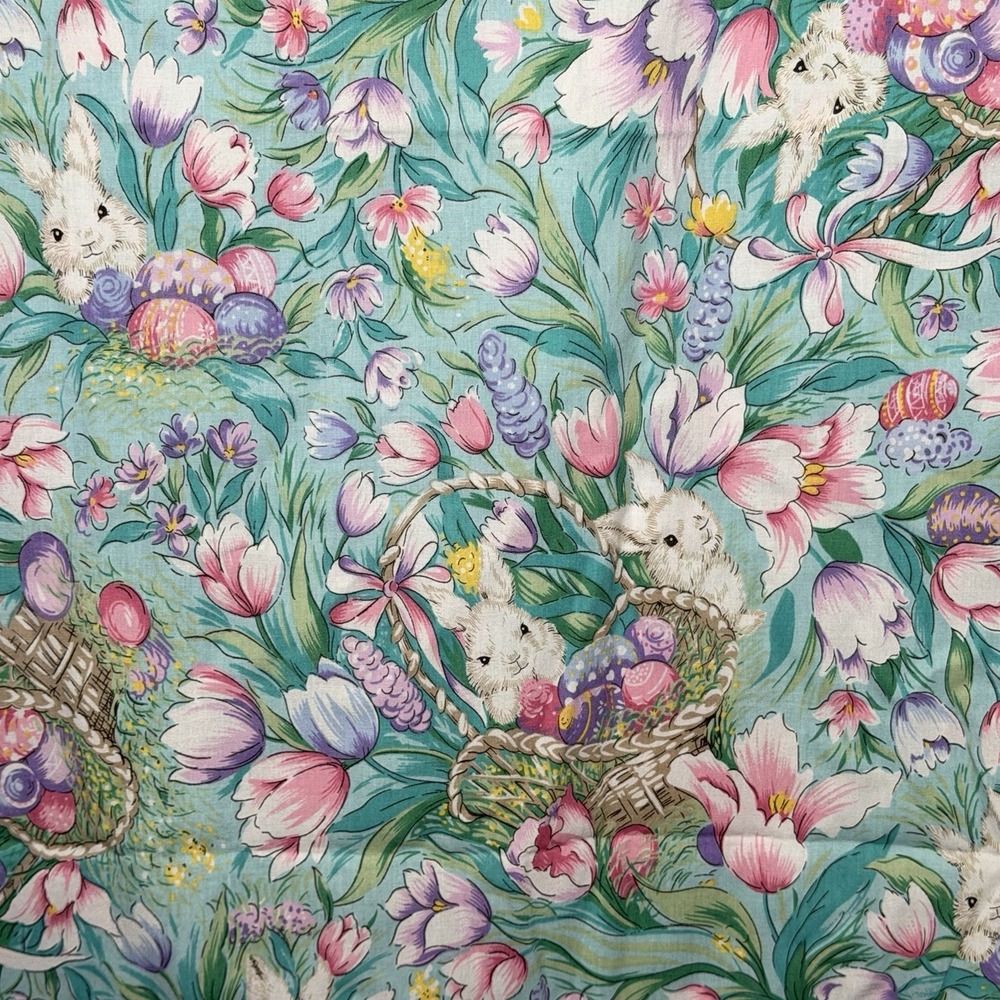 VTG 90s Easter Bunny‎ Tulip Floral Tablecloth Pastel Bardwil Style 48x51 Spring